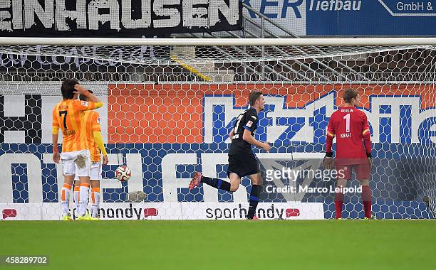 Moritz Stoppelkamp of SC Paderborn 07 scores the 2:1 during the game between SC Paderborn 07 against Hertha BSC at the Benteler Arena on November 2,...