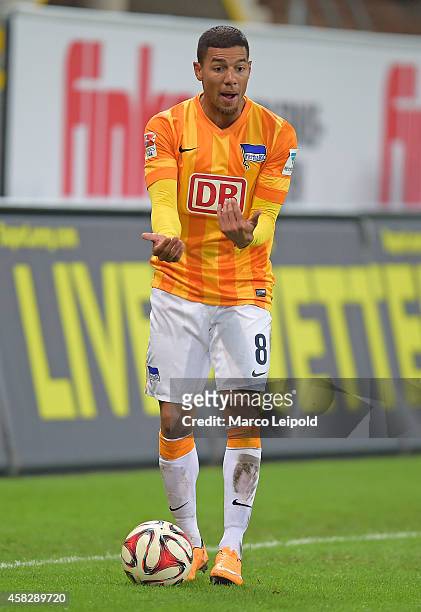 Marcel Ndjeng of Hertha BSC during the game between SC Paderborn 07 against Hertha BSC at the Benteler Arena on November 2, 2014 in Paderborn,...