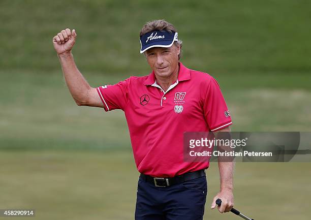 Bernhard Langer of Germany reacts to a birdie putt on the second green during the final round of the Charles Schwab Cup Championship on the Cochise...