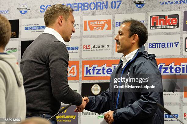 Coach Andre Breitenreiter of SC Paderborn 07 and coach Jos Luhukay of Hertha BSC during the game between SC Paderborn 07 against Hertha BSC on...