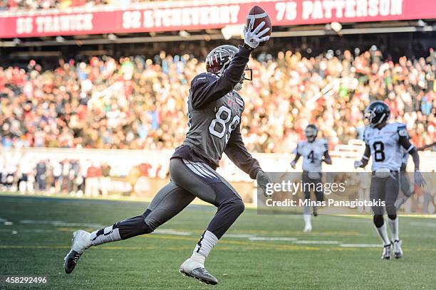 Duron Carter of the Montreal Alouettes celebrates his touchdown during the second half of the CFL game against the Toronto Argonauts at Percival...