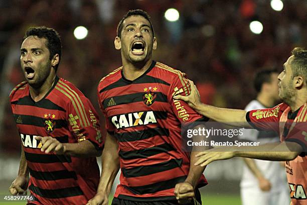 Ibson and Diego Souza of Sport Recife celebrates his goal during the Brasileirao Series A 2014 match between Sport Recife and Figueirense at Ilha do...