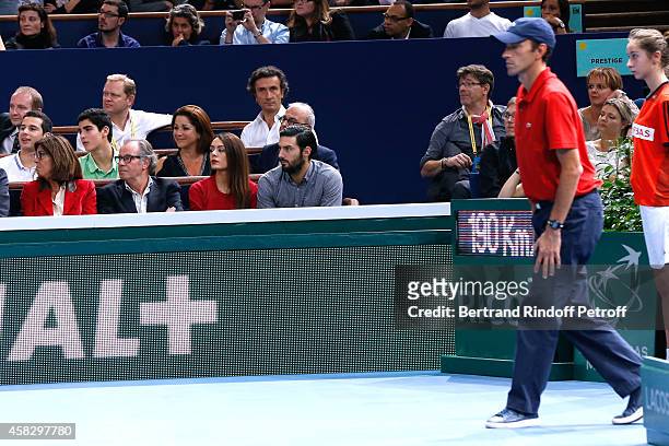Michel Leeb and his wife Beatrice, singer Sofia Essaidi and her companion attend the Final match during day 7 of the BNP Paribas Masters. Held at...