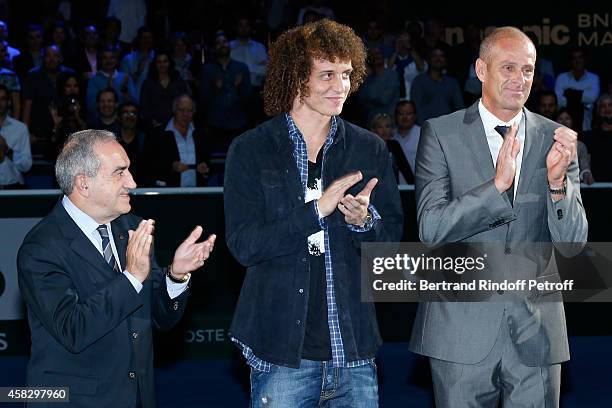 President of French Tennis Federation Jean Gachassin, Football player David Luiz and Director of the BNP Paribas Masters Guy Forget attend the Final...