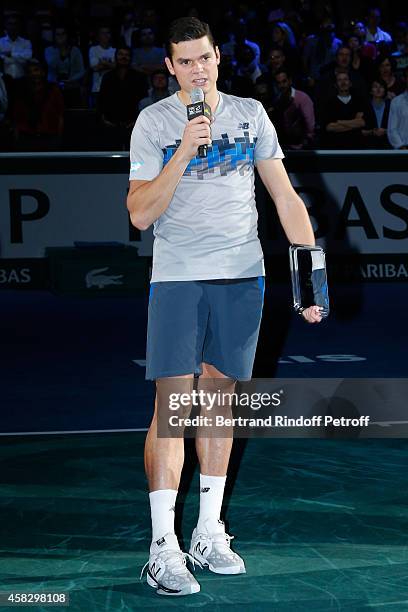 Loser of the matche, Tennis player Milos Raonic speacking after day 7 of the BNP Paribas Masters. Held at Palais Omnisports de Bercy on November 2,...