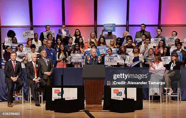 Joe Garcia, Charlie Crist, Henry Munoz, Joe Biden, Carole Crist and Annette Taddeo are seen at the Latino Victory Project Rally at Florida...