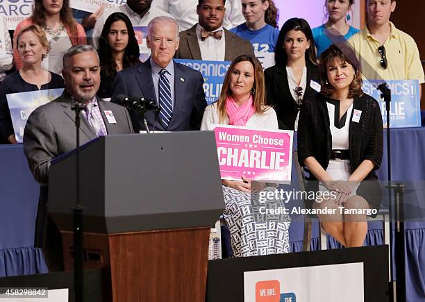 Henry Munoz, Joe Biden, Carole Crist and Annette Taddeo are seen at the Latino Victory Project Rally at Florida International University on November...