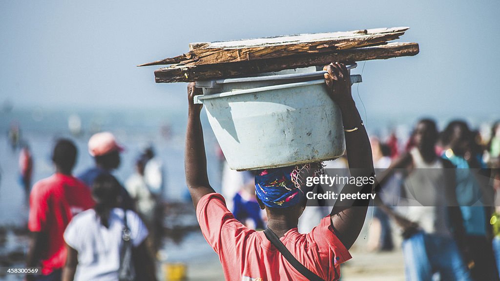 Crowded fish market in West Africa.