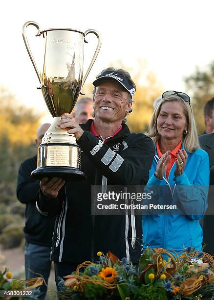 Bernhard Langer of Germany, alongside wife Vikki Carol, is awarded the Charles Schwab Cup after winning the season championship which concluded in...