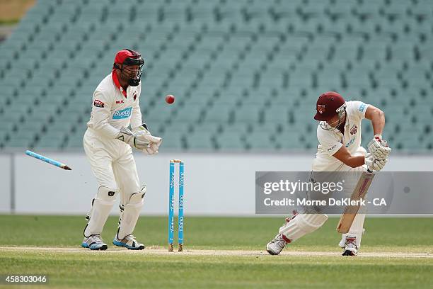 Nick Stevens of the Bulls looks back after he was clean bowled by Chadd Sayers of the Redbacks during day four of the Sheffield Shield match between...