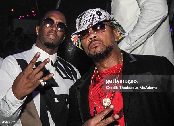 Diddy and Timbaland attend Revolt Music Conference kick off party at Story Nightclub October 17, 2014 in Miami Beach, Florida.