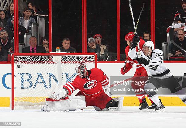 Trevor Lewis of the Los Angeles Kings creates traffic as Alec Martinez fires a shot past Cam Ward of the Carolina Hurricanes during their NHL game at...