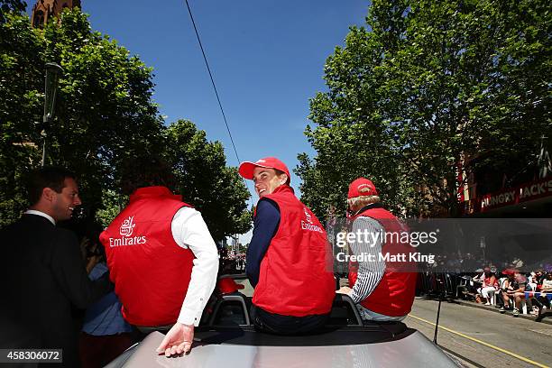 Jockey Chad Schofield takes part in the 2014 Melbourne Cup parade on November 3, 2014 in Melbourne, Australia.