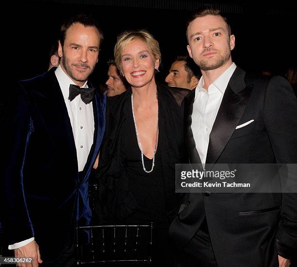 Honoree Tom Ford, actress Sharon Stone and singer/actor Justin Timberlake attend amfAR LA Inspiration Gala honoring Tom Ford at Milk Studios on...