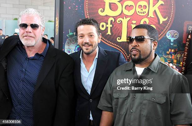 Actors Ron Perlman, Diego Luna and Ice Cube arrive at the Los Angeles premiere of 'Book Of Life' held at Regal Cinemas L.A. Live on October 12, 2014...