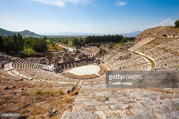 ruins of ephesus near selcuk in turkey - amphitheatre stock pictures, royalty-free photos & images