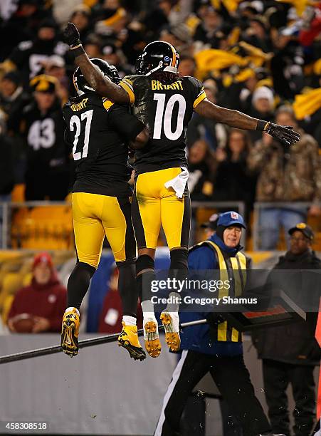 Martavis Bryant of the Pittsburgh Steelers celebrates his second quarter touchdown with LeGarrette Blount against the Baltimore Ravens at Heinz Field...