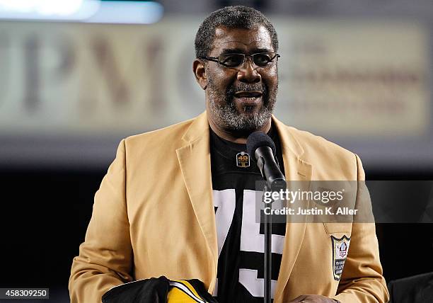 Former Pittsburgh Steelers defensive tackle Joe Greene has his number retired during a halftime ceremony against the Baltimore Ravens at Heinz Field...