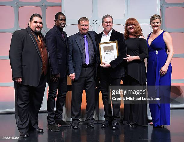 Richard Blackstone of Rosest Music poses onstage with Tim Fink, Trevor Gale, John Mullins, Linda Lorence Critelli and Shannon hatch of SESAC at the...