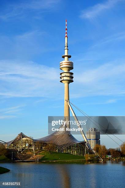 olympic tower, stadium and bmw centre in munich - olympic stadium munich stock pictures, royalty-free photos & images