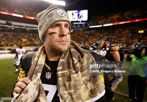 Ben Roethlisberger of the Pittsburgh Steelers walks off the field after a 43-23 win over the Baltimore Ravens at Heinz Field on November 2, 2014 in...