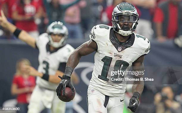 Jeremy Maclin of the Philadelphia Eagles celebrates his touchdown reception from Mark Sanchez of the Philadelphia Eagles against the Houston Texans...