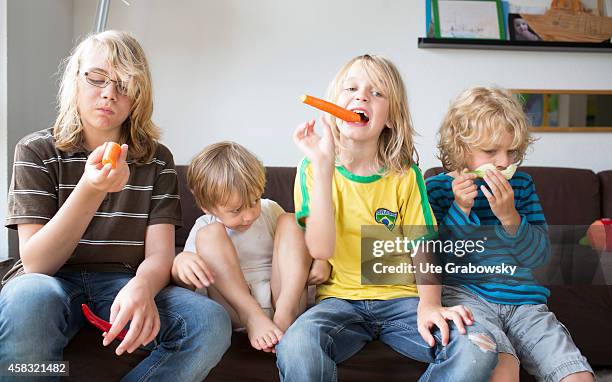 Four brothers at age of three, six, eight and twelve sitting on a couch and eating vegetables on August 05 in Sankt Augustin, Germany. Photo by Ute...
