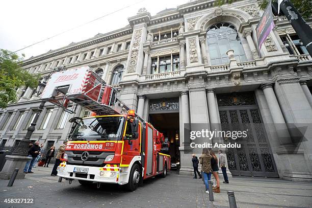 Fire truck is seen in front of the entrance of Bank of Spain premises after fire broke out in a part under construction in Madrid, Spain on November...