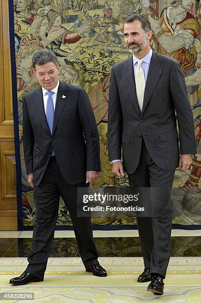 The President of Colombia Juan Manuel Santos Calderon and King Felipe VI of Spain attend a lunch meeting at Zarzuela Palace on November 3, 2014 in...