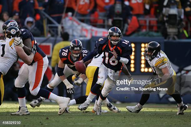 Jake Plummer of the Denver Broncos runs with the ball during the AFC Championship game against the Pittsburgh Steelers on January 22, 2006 at Invesco...
