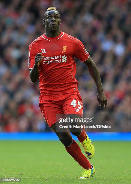 Mario Balotelli of Liverpool in action during the Barclays Premier League match between Liverpool and Hull City at Anfield on October 25, 2014 in...