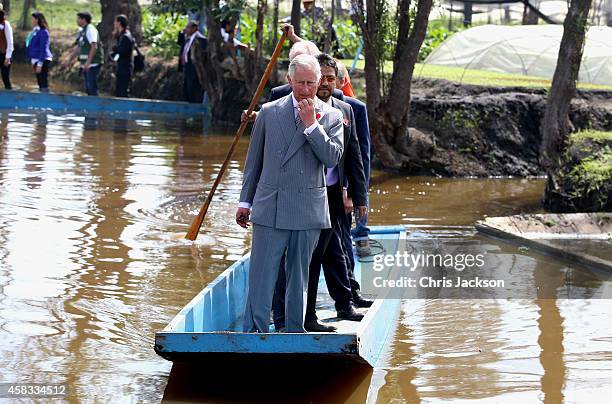 Prince Charles, Prince of Wales travels on a punt as he visits a 'Chinampas' or Floating Farm just outside Mexico City on November 3, 2014 in Mexico...