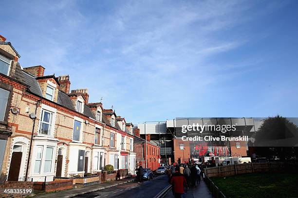 View of Liverpools stadium Anfield from a surrounding street of terrace houses prior to the Barclays Premier League match between Liverpool and...