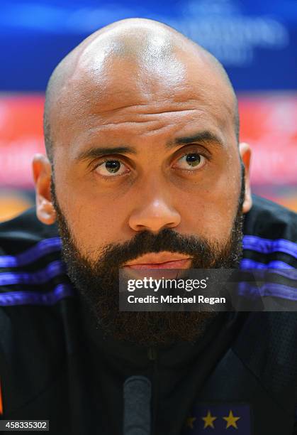 Anthony Vanden Borre speaks during an RSC Anderlecht press conference ahead of the UEFA Champions League match against Arsenal at Emirates Stadium on...
