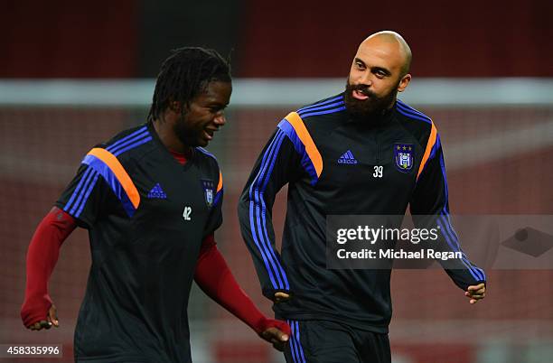 Nathan Kabasele and Anthony Vanden Borre in discussion during an RSC Anderlecht training session ahead of the UEFA Champions League match against...