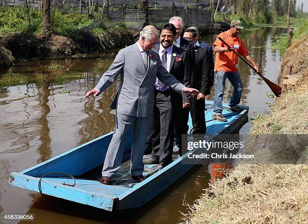 Prince Charles, Prince of Wales travels on a punt as he visits a 'Chinampas' or Floating Farm just outside Mexico City on November 3, 2014 in Mexico...