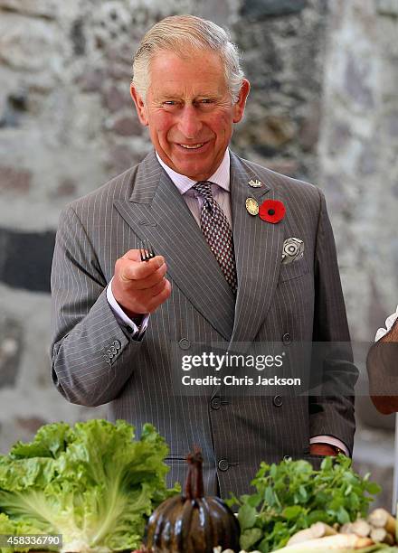 Prince Charles, Prince of Wales samples different Mexican food under the guidance of famous Mexican chef Enrique Olvera at the Museo Dolores Olmedo...