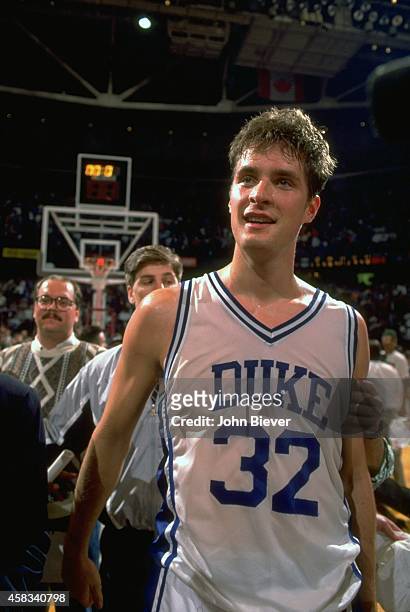 Playoffs: Duke Christian Laettner victorious on court after winning game vs Kentucky at The Spectrum. Philadelphia, PA 3/26/1992 CREDIT: John Biever