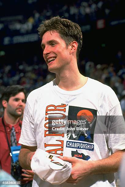 Playoffs: Duke Christian Laettner victorious on court after winning game vs Kentucky at The Spectrum. Philadelphia, PA 3/26/1992 CREDIT: John Biever