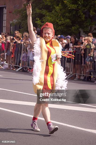 auckland pride parade: hot dog man - hot dog costume stock pictures, royalty-free photos & images