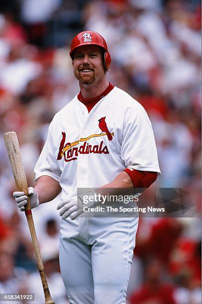 Mark McGwire of the St. Louis Cardinals bats against the Chicago Cubs at Busch Stadium on August 9, 1998 in St. Louis, Missouri.