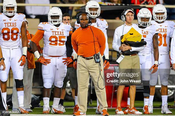 Head coach Charlie Strong of the Texas Longhorns during the game against the Texas Tech Red Raiders on November 1, 2014 at Jones AT&T Stadium in...