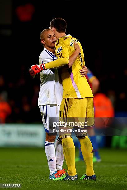 Wes Brown of Sunderland and Costel Pantilimon of Sunderland celebrate their team's 3-1 victory during the Barclays Premier League match between...