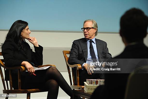 Assistant professor of business administration Raffaella Sadun and Tommy Hilfiger speak at Harvard Business School on November 3, 2014 in Cambridge,...