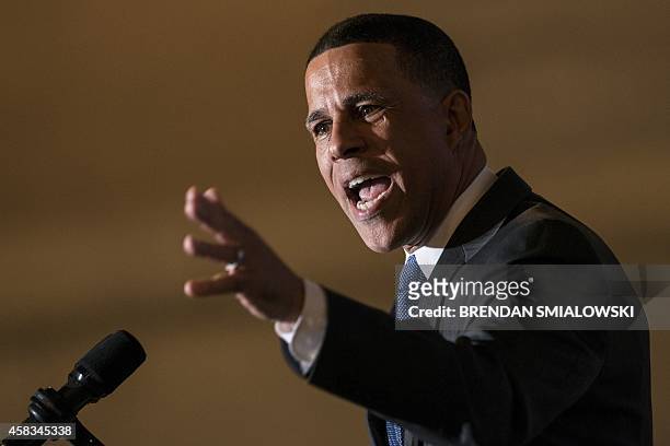 Maryland Democratic gubernatorial candidate Anthony Brown addresses a rally at the War Memorial Building on November 3, 2014 in Baltimore, Maryland....