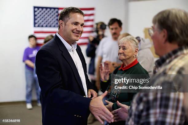 Democratic U.S. Senate candidate Rep. Bruce Braley thanks volunteers during a campaign stop at the Lynn Count Democratic Headquarters November 3,...