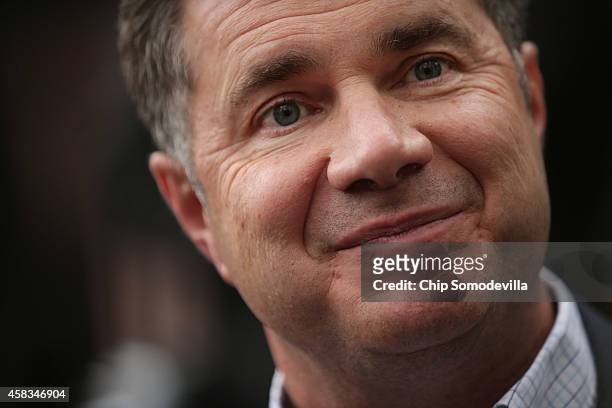Democratic U.S. Senate candidate Rep. Bruce Braley talks with reporters after thanking volunteers November 3, 2014 in Iowa City, Iowa. According to...