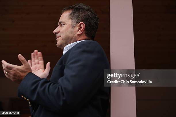 Democratic U.S. Senate candidate Rep. Bruce Braley thanks volunteers before they head out to canvass the surrounding neighborhood November 3, 2014 in...