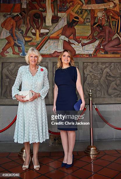 Camilla, Duchess of Cornwall and First Lady of Mexico Anjelica Rivera walk under murals by Diego Rivera at the National Palace on November 3, 2014 in...