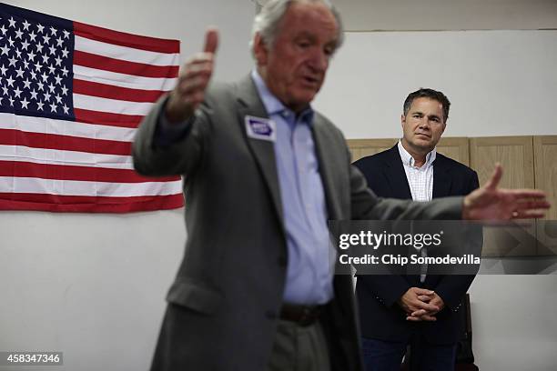 Democratic U.S. Senate candidate Rep. Bruce Braley listens to retiring Sen. Tom Harkin thank volunteers at the Lynn Count Democratic Headquarters the...